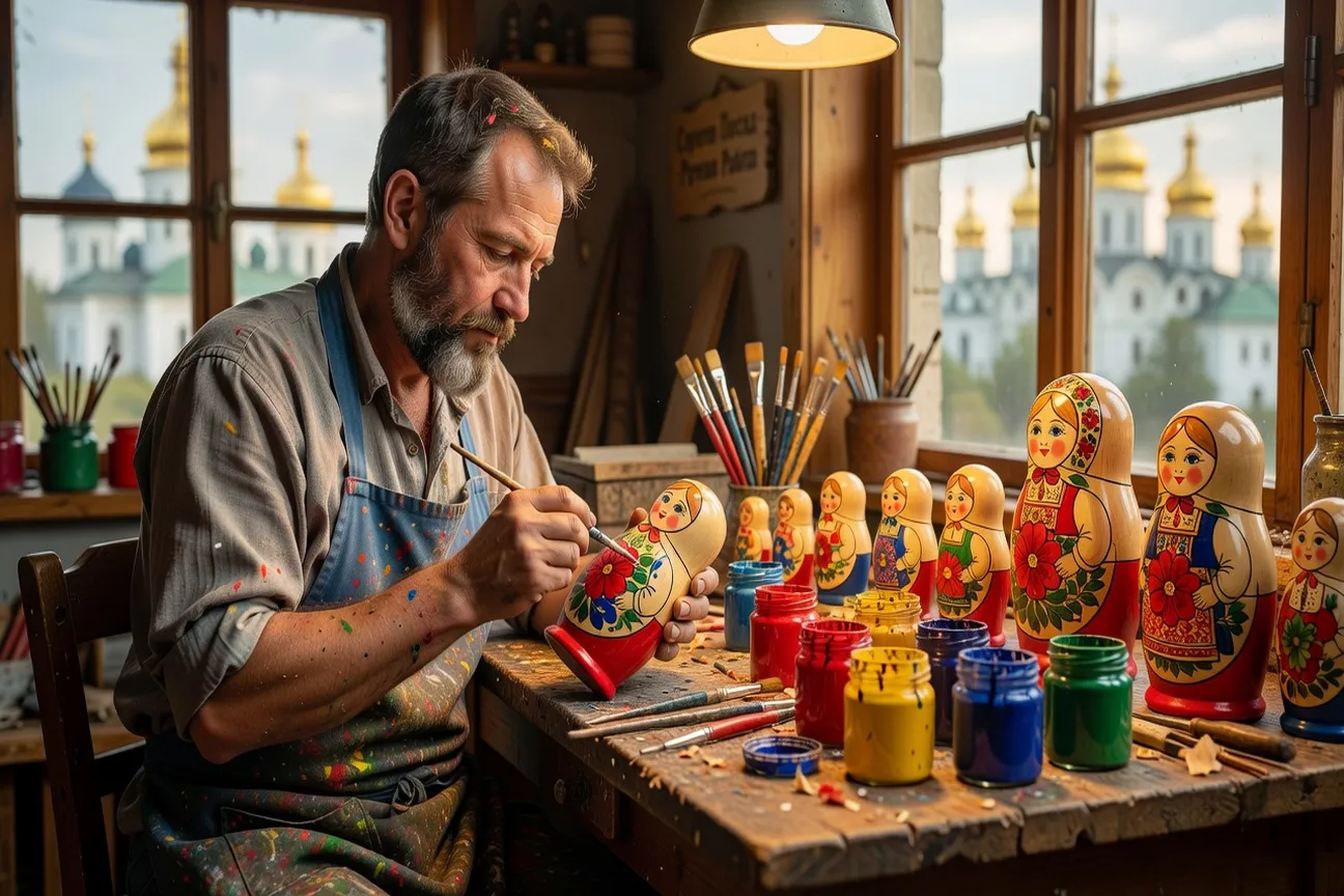 Artisan en tablier peignant une matriochka dans un atelier de Sergiev Possad
