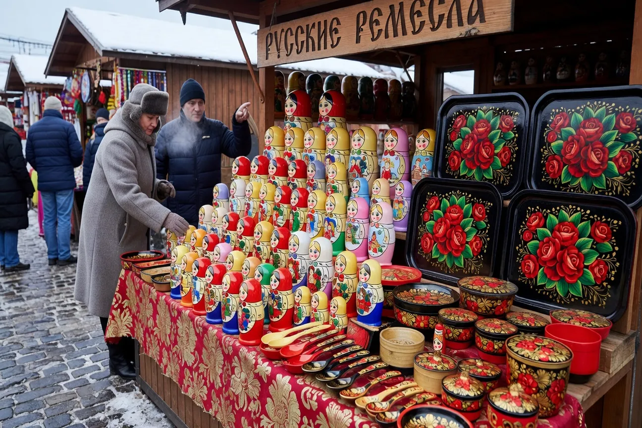 Stand de marche artisanal russe avec rangees de matriochkas et plateaux Jostovo